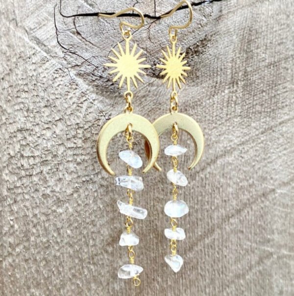 Witch Celestial Sun Crescent Moon Crystal Quartz Dangle Earrings for women