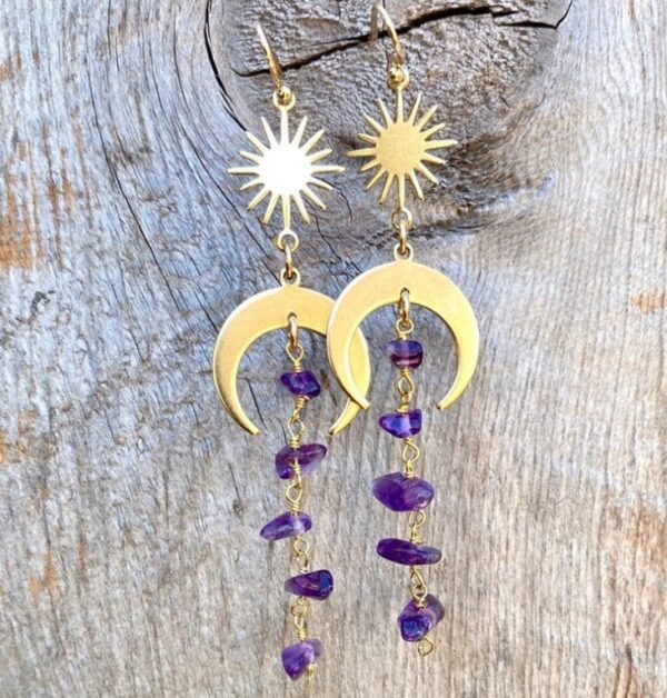 Witch Celestial Sun Crescent Moon Crystal Quartz Dangle Earrings for women