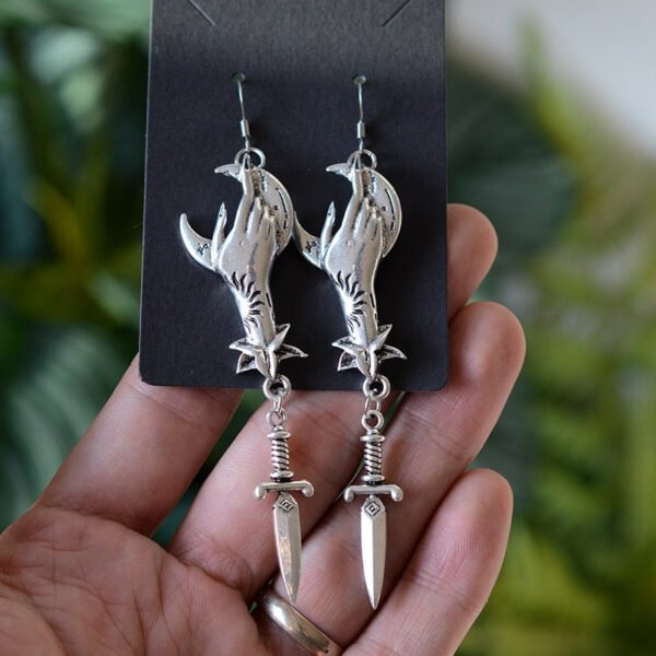 Witch Crescent Moon Hand Statment Sword Dangle Earrings Gothic Jewelry For Wicca Gift