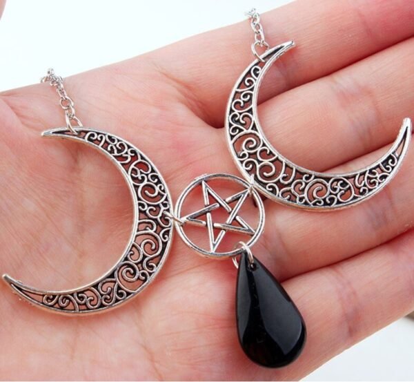 Witch Crescent Moon Pentagram Pendant Necklace Pagan Mysterious Magic Wiccan Craft