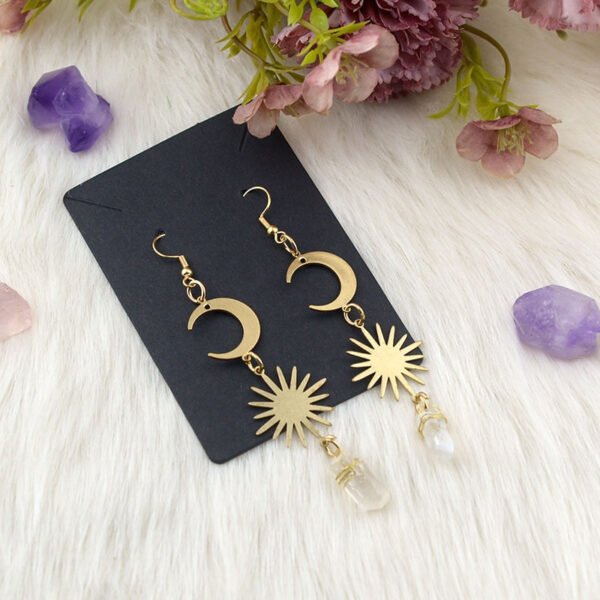 Witch Crescent Moon Sun Crystal Quartz Dangle Earrings Celestial Earrings For Women