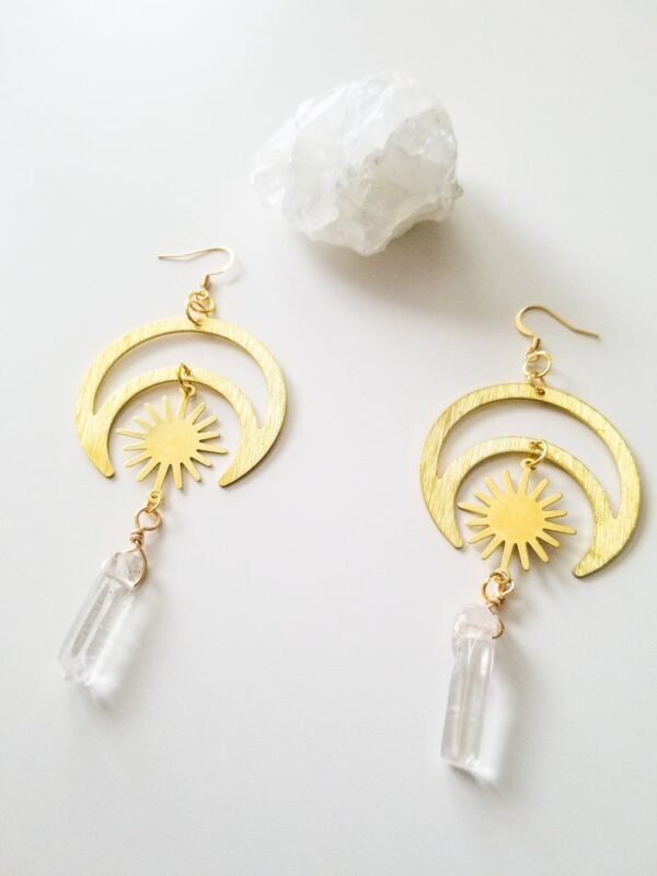Witch Crescent Moon Sun Crystal Quartz Dangle Earrings Celestial Jewelry Occult Wiccan Gift
