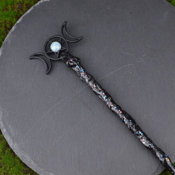 Witch Energy Spell Casting Wand Occult Crescent Moon Pentagram Altar Adornment Pagan Gift