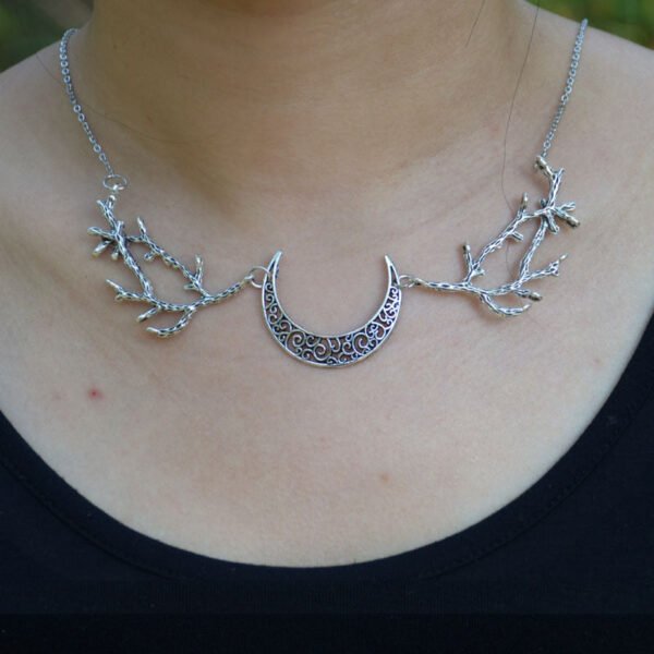 Witch Fantasy Forest Twig Branch Crescent Moon Pendant Necklace  Silver Gothic Wedding Magic Wiccan Jewelry
