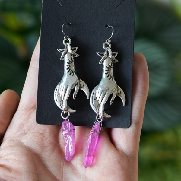 Witch Hand Statment Crystal Quartz Dangle Earrings Pagan Earrings Wicca Gift