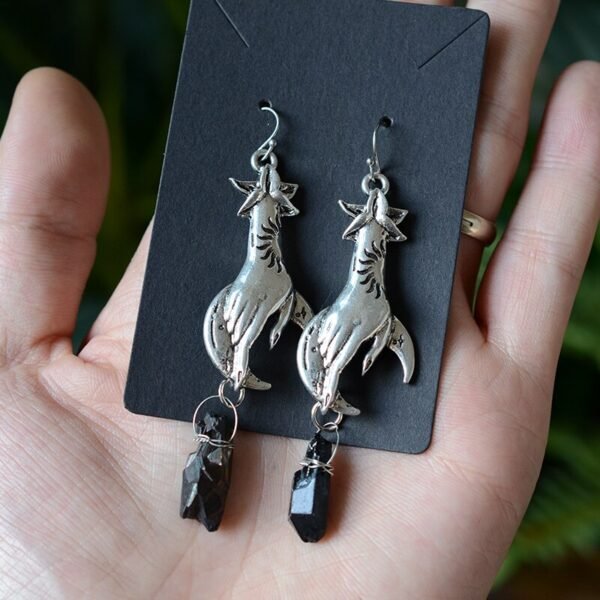 Witch Hand Statment Crystal Quartz Dangle Earrings Pagan Earrings Wicca Gift