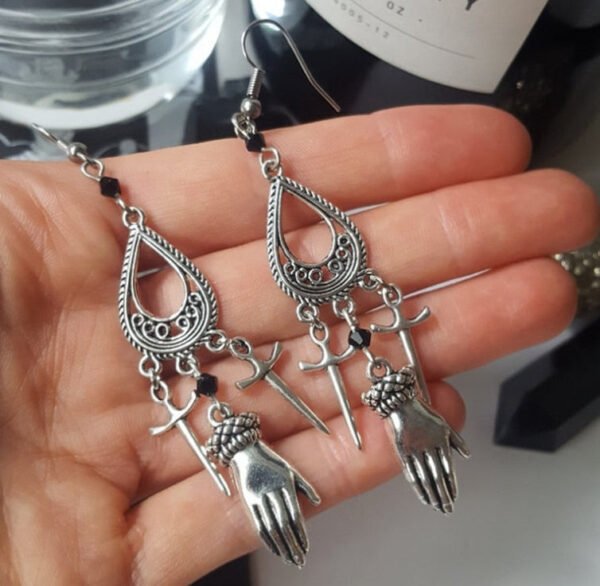 Witch Hand Sword Cross Dangle Earrings Occult Pagan Jewlery for Women