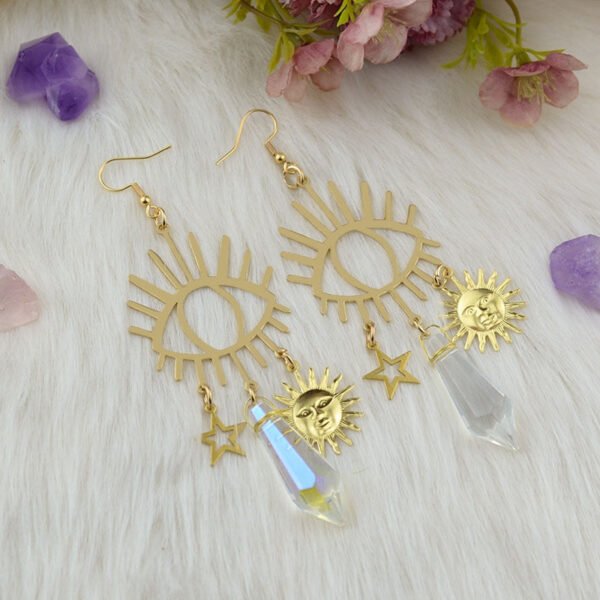 Witch Moon Stars Evil Eye Crystal Dangle Earrings Celestial Earrings Occult Amulet Wicca Jewelry