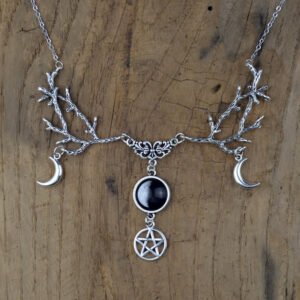 Witch Necklace Galaxy Space Crescent Moon Witch Fantasy Forest Twig Branch Pentagram Necklace Pagan Wiccan Magic Jewelry