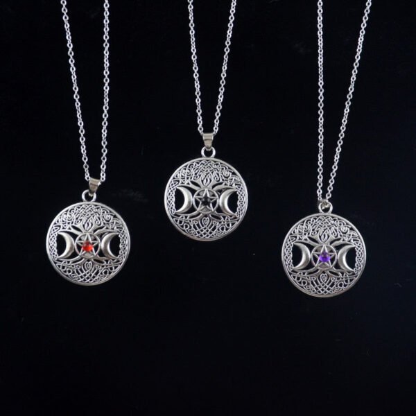 Witch Pentacle Tree of Life Pendant Necklace Triple Moon Crescent Moon Pagan Wiccan Jewelry