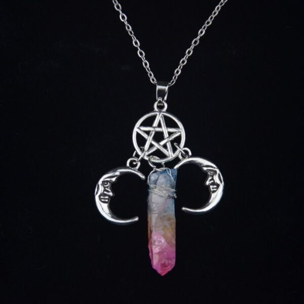 Witch Pentagram Moon Crystal Quartz Pendant Necklace,Pagan Jewelry,Wiccan  Amulet  Jewelry