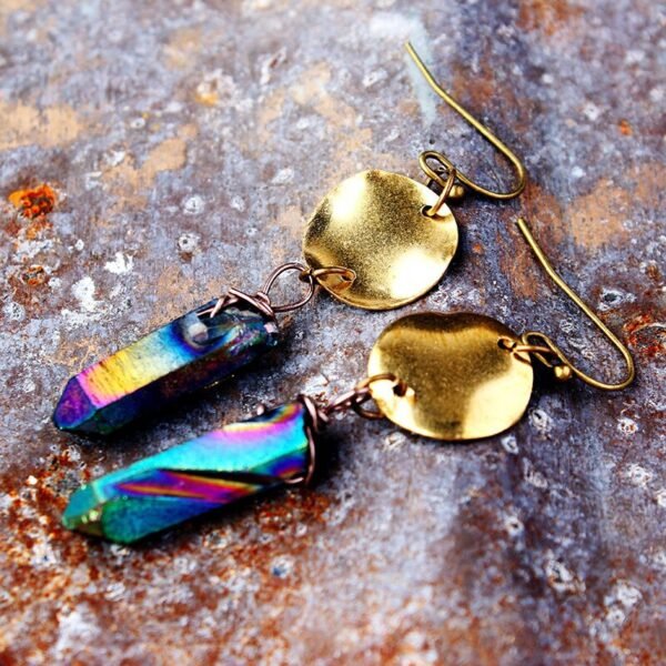 Witch Punk Gothic Raw Crystal Rough Earrings Vintage Triangular Disc Winding Quartz Stone Pendant Earrings Pagan Gifts for Her