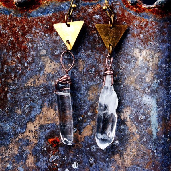Witch Punk Gothic Raw Crystal Rough Earrings Vintage Triangular Disc Winding Quartz Stone Pendant Earrings Pagan Gifts for Her