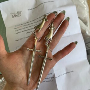 Witch Silver Sword Hand Statement Dangle Earring Gothic Pagan Tarot Wiccan Jewelry
