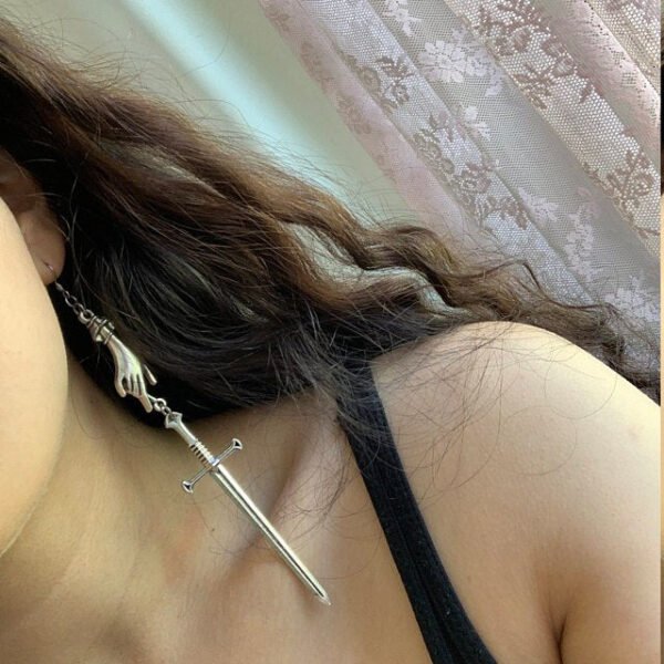 Witch Silver Sword Hand Statement Dangle Earring Gothic Pagan Tarot Wiccan Jewelry
