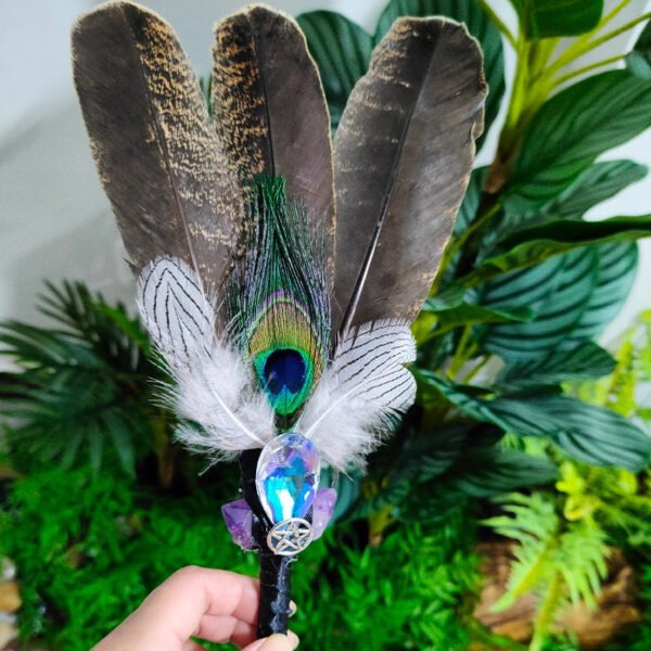 Witch Smudge Feather Fan Feather Wand Magic Energy Shaman Altar Hand Wand Banish Evil Wicca Gift