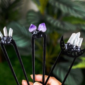 Witch Triple Crescent Moon Pentagram Crystal Amethyst Quartz Hair Stick Pagan Gothic Hairpin Wicca Occulet Goddness Hair Jewelry