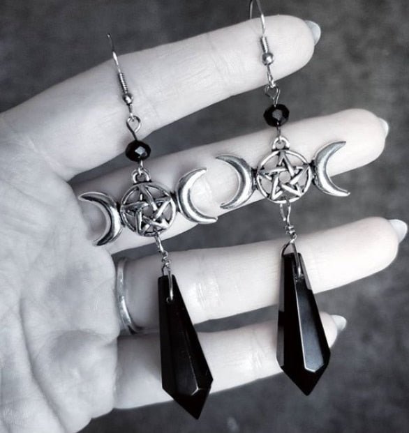 Witch Triple Moon Pentagram Hand Statment Dangle Earrings Gothic Earrings for Women