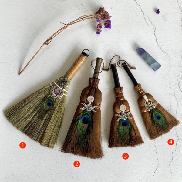 Witch decoration Big broom  feather crystal three-phase moon pearl pendant natural palm Large Wicca broom altar decoration