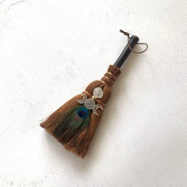 Witch decoration broom feather crystal three-phase moon pendant natural palm Wicca broom altar Home Banish Evil Pagan