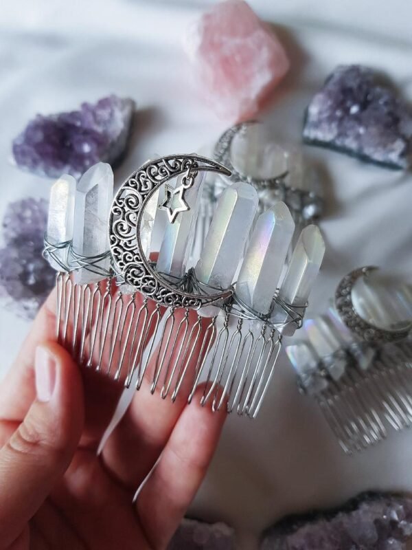 Magic Wicca~Witch handmade raw crystal hair comb moon stars wicca moon witchcraft hair accessories bride party wedding bridesmaid gift
