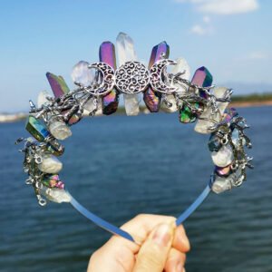 Magic Wicca~Witchcraft accessories raw crystal two-color stitching wicca ancient silver branches moon witch crown