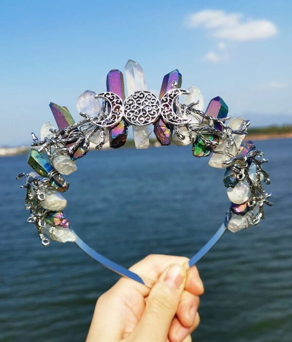 Magic Wicca~Witchcraft accessories raw crystal two-color stitching wicca ancient silver branches moon witch crown