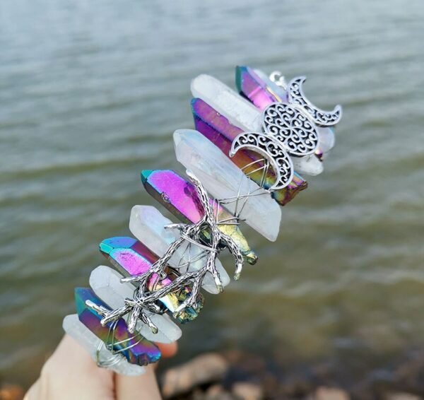 Magic Wicca~Witchcraft accessories raw crystal two-color stitching wicca ancient silver branches moon witch crown