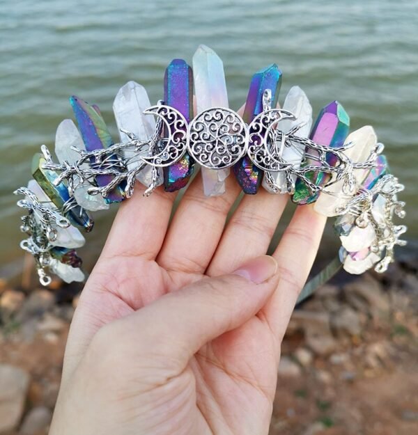 Magic Wicca~Witchcraft accessories raw crystal two-color stitching wicca ancient silver branches moon witch crown