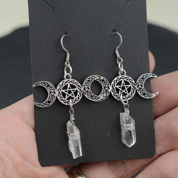 Witchy Celtics Moon Star Earring With White Crystal Gothic Trinity Knot Drop Earring