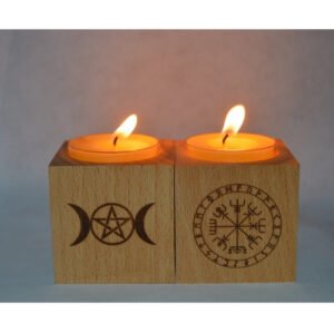 Wood Altar candle holders  wooden Candlestick with triple moon Viking compass runes ritual light holders witchcraft supplies