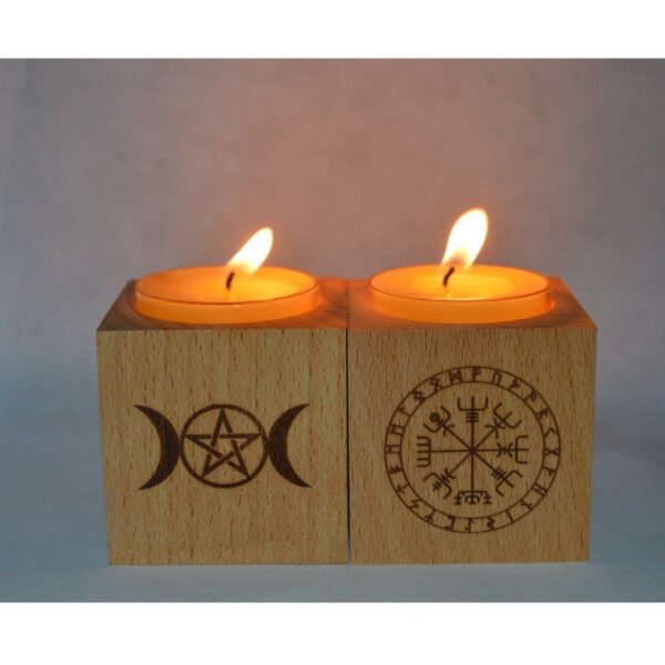 Wood Altar candle holders  wooden Candlestick with triple moon Viking compass runes ritual light holders witchcraft supplies