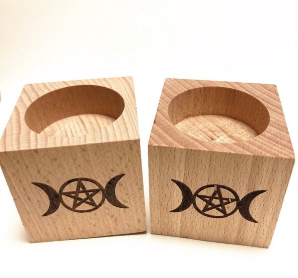 Wood Altar candle holders  wooden Candlestick with triple moon Viking compass runes ritual light holders witchcraft supplies