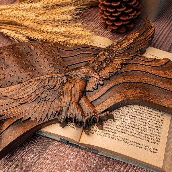 Wooden American flag with eagle, wall decoration, wood carving, 3D engraved wall hanging, gift from a patriot
