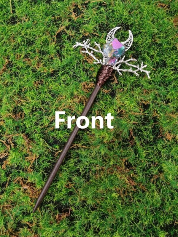 Wooden hairpin staff branch moon star crystal hair stick irregular crystal witch wand gift Altar decor Wicca