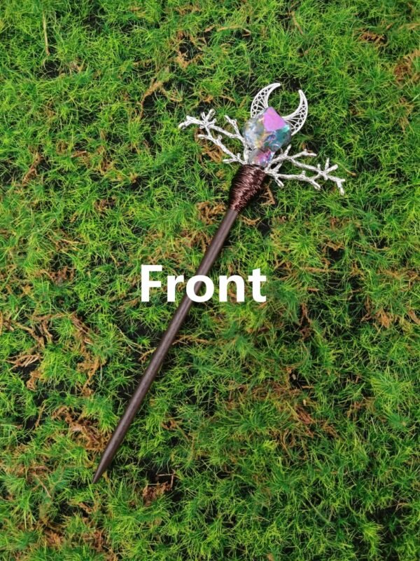 Wooden hairpin staff branch moon star crystal hair stick irregular crystal witch wand gift Altar decor Wicca