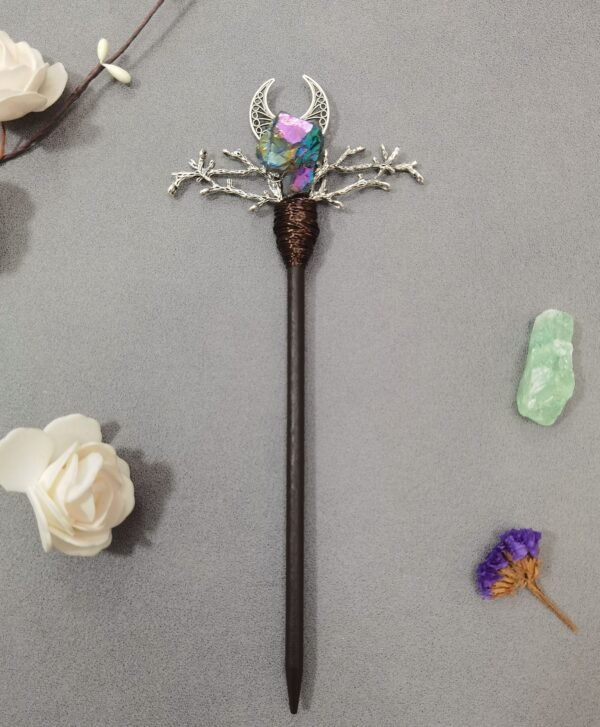 Wooden hairpin staff branch moon star crystal hair stick irregular crystal witch wand gift Altar decor Wicca