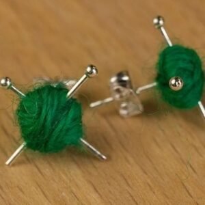 Wool Knitting Earrings - Yarn Ball and Needles,Miniature Knitting Needles, Knitter Gift, Silver-Plated Stud, Yarn Ball Earrings
