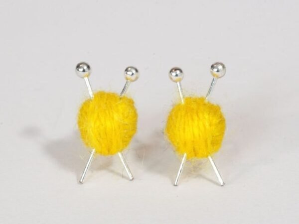 Wool Knitting Earrings - Yarn Ball and Needles,Miniature Knitting Needles, Knitter Gift, Silver-Plated Stud, Yarn Ball Earrings