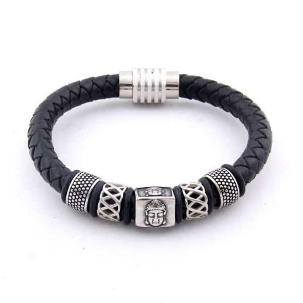 Viking Magic~Vintage Red Genuine Leather Male Charms Bracelets 316l Stainless Steel Buddha Head Bangle For Men Fashion Jewelry