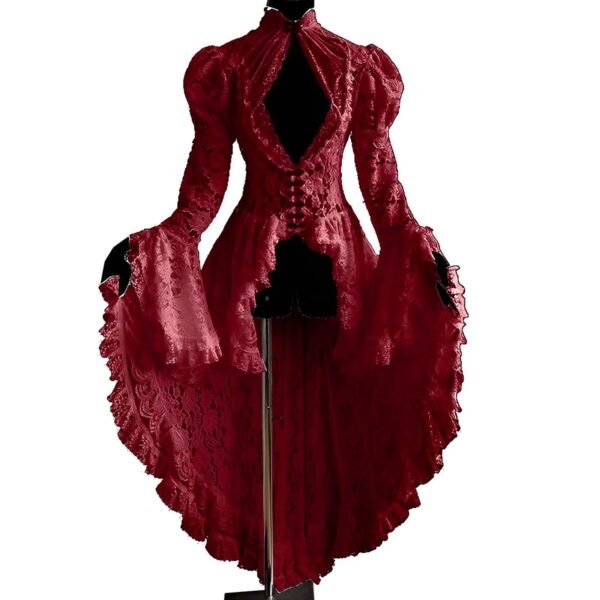 Women Vintage Lace Victorian Dress Long Flare Sleeve Gothic Long Tail Pleated Hollow Out Dresses Halloween Retro Cosplay Dress