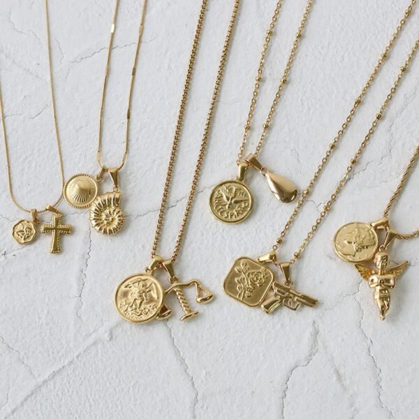 18K Gold Portrait Coin Cross Peach Heart Angel Charms Vintage Pendant b