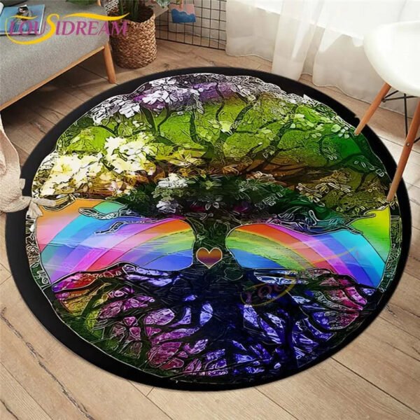 Embrace Norse Elegance: Tree of Life Rune Pattern Round Rug - Enhance Your Living Space with Vibrant Rainbow Print - Perfect for Viking Home Decor & Cozy Floors