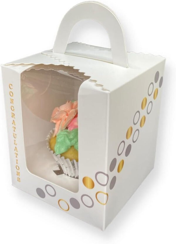 White with Silver and Gold Design, Congratulations, Anniversary or Invitation Individual Cupcake Boxes or Cookie Boxes, Pack of 25 Colorful Custom Designs, Premium Cake Box.