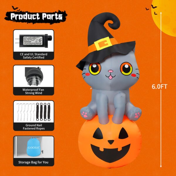 Halloween Inflatable 6 FT Inflatable Halloween Cat Sitting on Pumpkin, Halloween Inflatable Cat Pumpkin with LED Lights, Funny Outdoor Halloween Decorations for Halloween/Holiday/Party