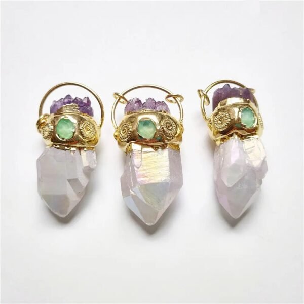 FUWO Wholesale White Quartz Point Pendant With Amethysts Charms,Natural Crystal Boho Pendant For Necklace