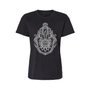 Ladies' Relaxed Fit T-Shirt Featuring Crystal Hamsa Design with Obsidian, Tiger's Eye, and Amethyst Infusion