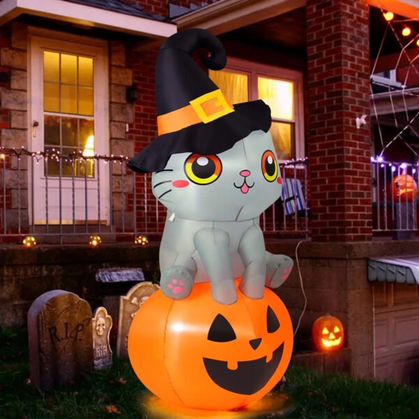 Halloween Inflatable 6 FT Inflatable Halloween Cat Sitting on Pumpkin, Halloween Inflatable Cat Pumpkin with LED Lights, Funny Outdoor Halloween Decorations for Halloween/Holiday/Party