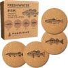 Fish Coasters (Set of 4) - Sustainable Absorbent Cork - Unique Gift for Guys - Car Coasters for Bass Fishermen, Freshwater, Saltwater, Coastal Decor, a Birthday Gift for Men - Fun Drink Mats