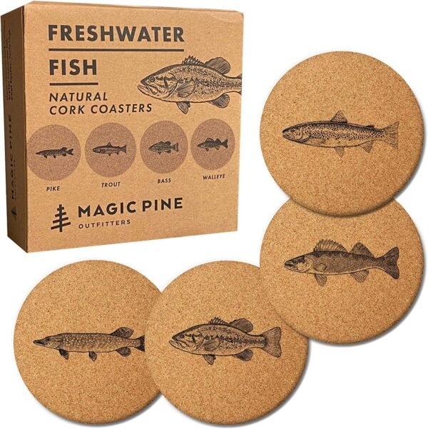 Fish Coasters (Set of 4) - Sustainable Absorbent Cork - Unique Gift for Guys - Car Coasters for Bass Fishermen, Freshwater, Saltwater, Coastal Decor, a Birthday Gift for Men - Fun Drink Mats